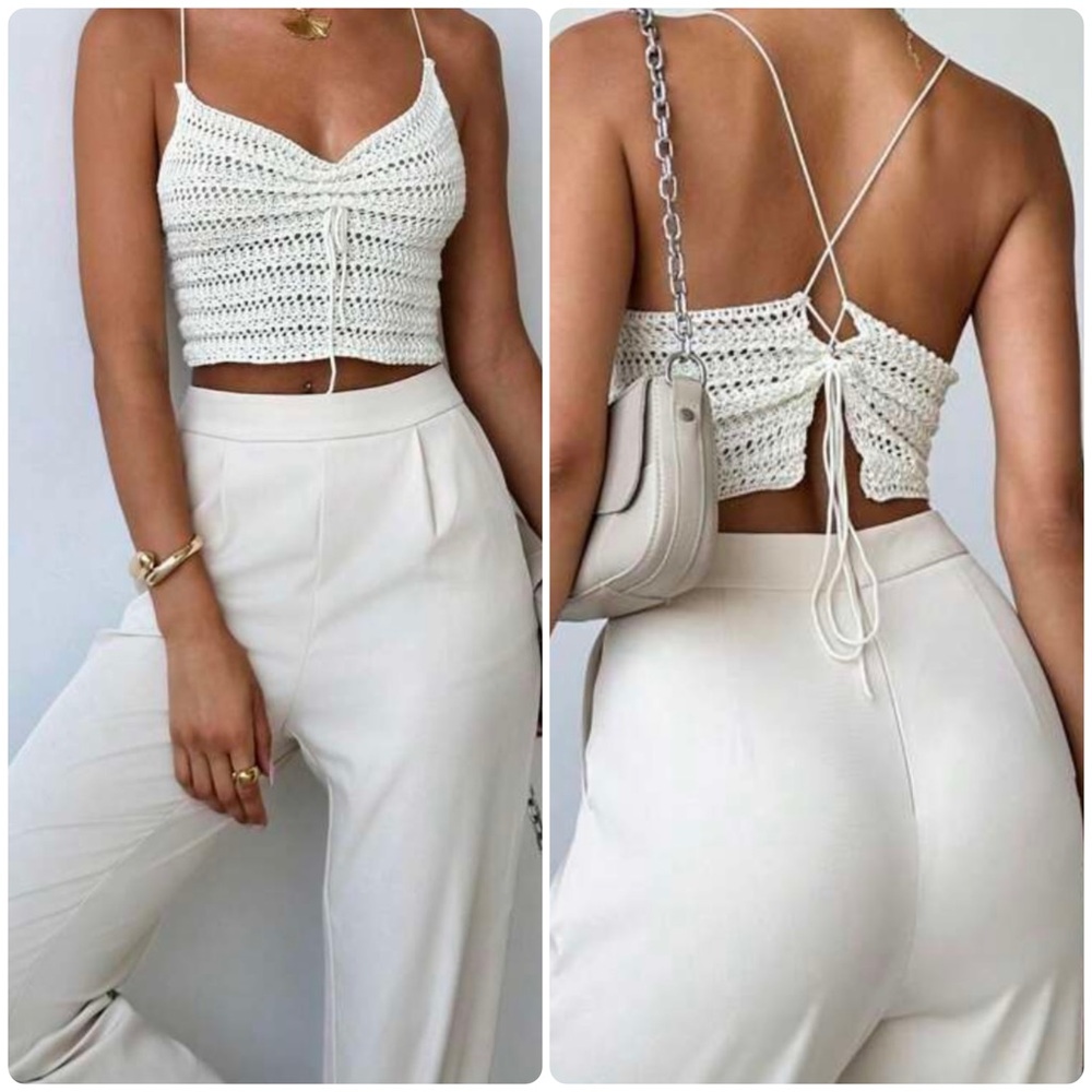 Off White Crochet Crop Top and Pants Set